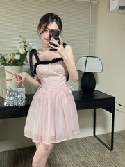 LIZAKOSHT  -  Sweet Y2k Pink Mini Dress Women Summer Princess Style Spaghetti Strap Pearl Beading Party Holiday Dress Retro Vestido Sundress