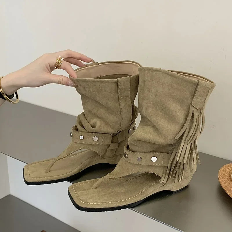 LIZAKOSHT  -  Fashion Vintage Comfortable Low Heels Tassel Rivet Square Clip Toe Women Ankle Boots Sandals Casual Banquet Shoes