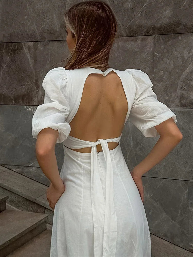 LIZAKOSHT  -  White Backless Summer Dress For Women Short Sleeve Slim V-Neck High Waist Elegant Commute Dress Female Bandage Long Dress