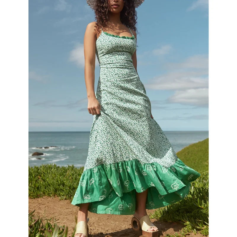 LIZAKOSHT  -  Vacation Dresses y2k Clothes Women Floral Print Spaghetti Strap Sleeveless A Line Long Dress Beach Party Dresses