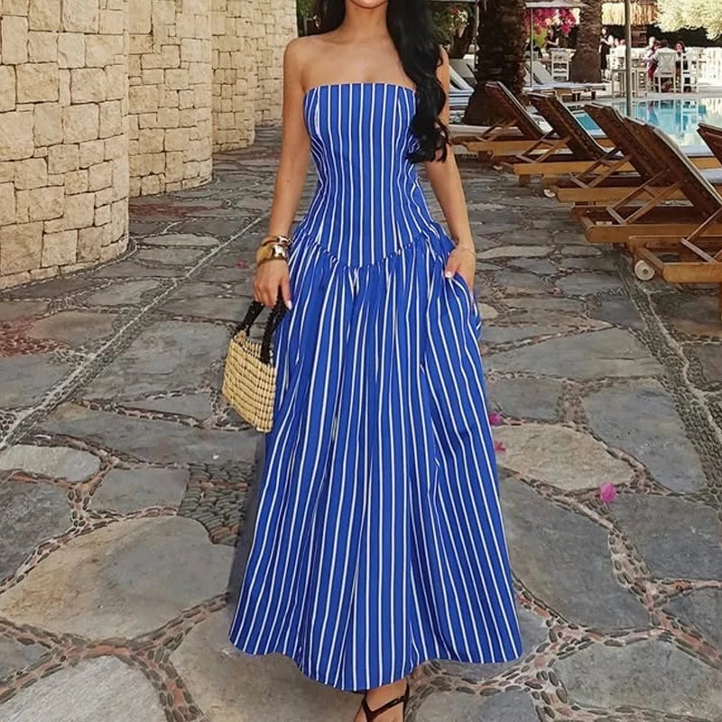 LIZAKOSHT  -  Women's Casual Pocket Summer Vacation Dress Sexy Strapless Sleeveless Waist Long Dress Striped Print Draped Pocket Elegant Dress