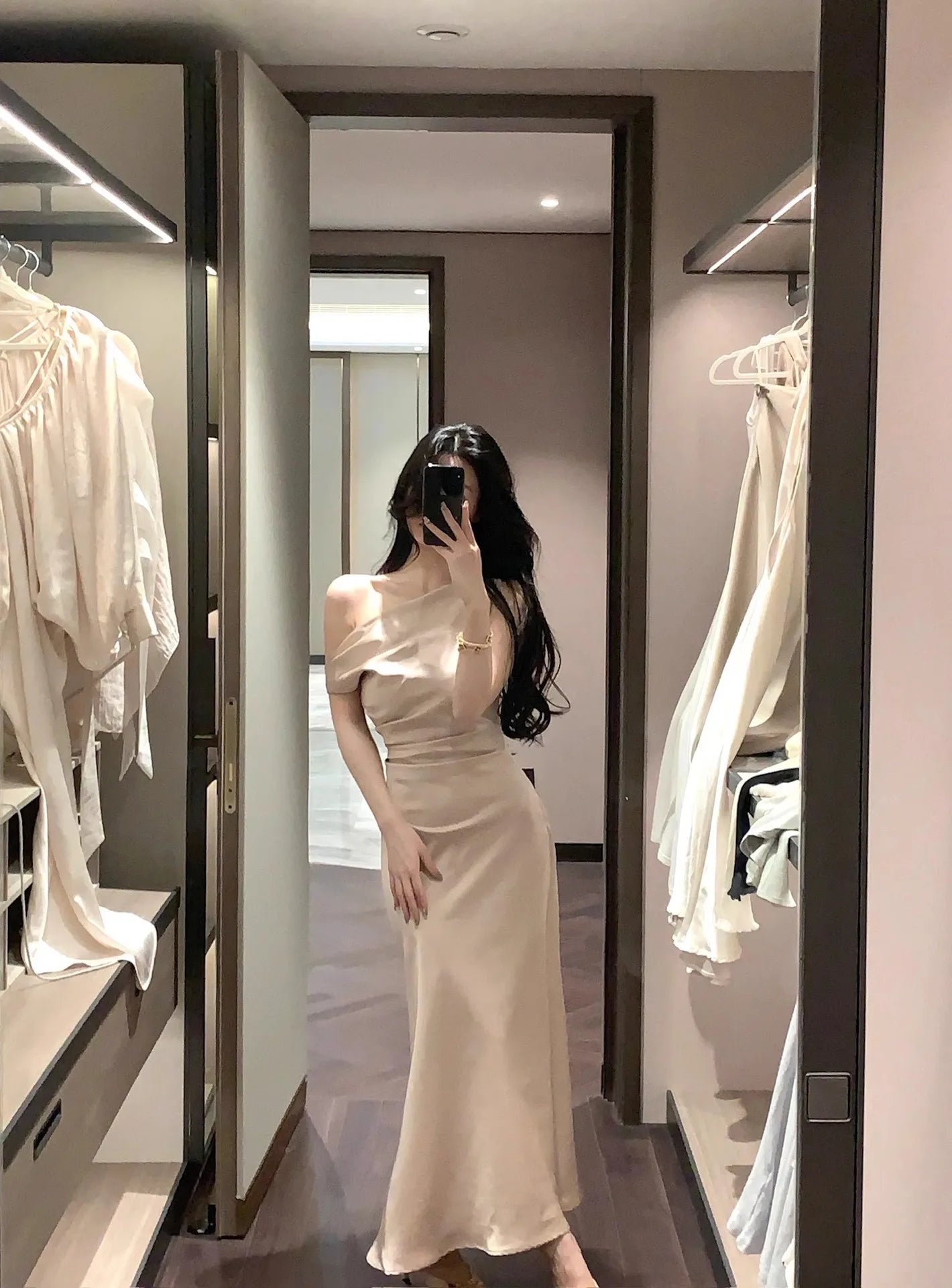 LIZAKOSHT  -  French Temperament Satin Dress New Summer Oblique Shoulder Sling Collar Fishtail Skirt for Women