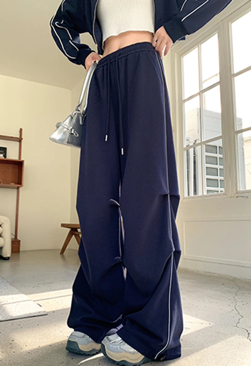 LIZAKOSHT  -  American Sweatpants Women  Fall Chic Fashion Casual Wide-Leg Pants Straight Parachute Loose Side Striped Soild Cargo Trousers