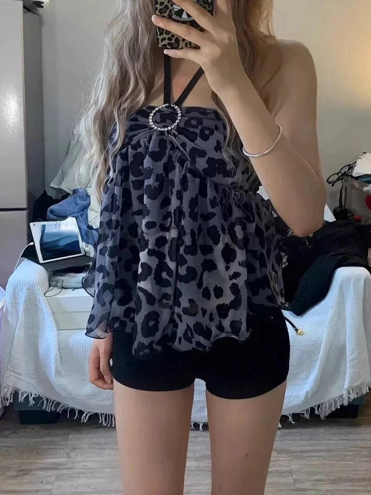 LIZAKOSHT  -  Summer Sexy Crop Tops Ropa Beach Women Halter Neck Backless Loose Vest Sweet Korean Camis Korean Leopard Print Retro Tanks Tops