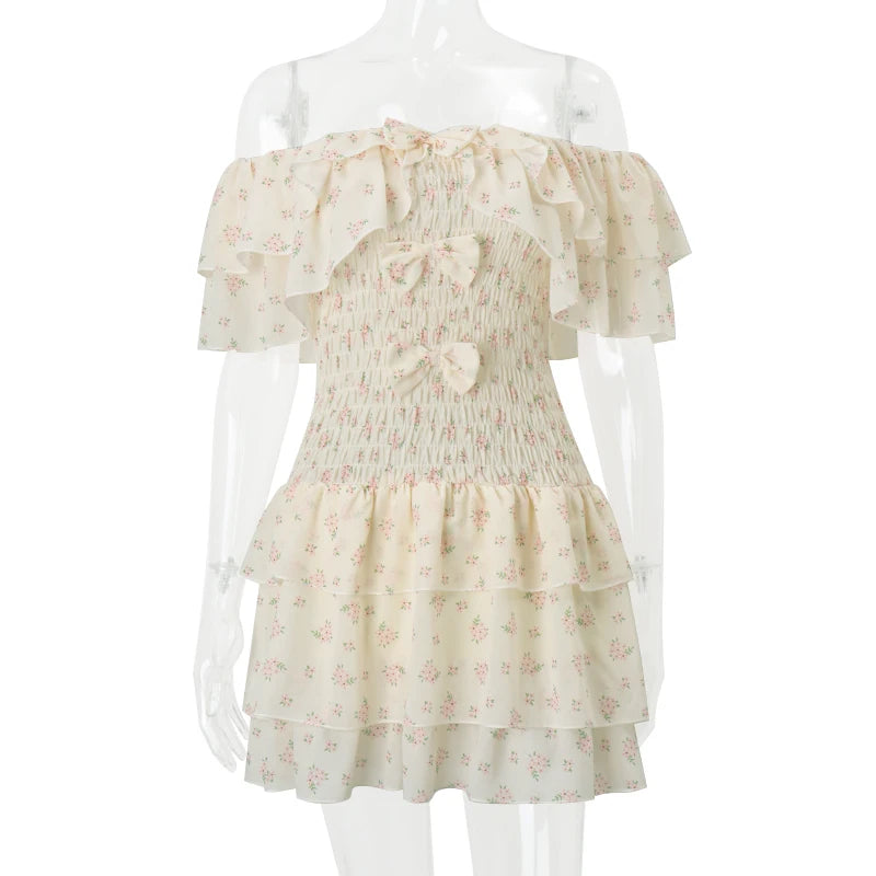 LIZAKOSHT  -  Off Shoulder Sexy Floral Print Mesh Bow Fashion A-line Bodycon Pleated Mini Dress Summer New Sweet Cute Party Vestidos