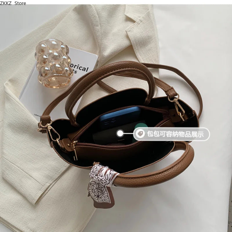 LIZAKOSHT  -  2 Sets Handbags for Female New Popular Pure Color Shoulder Bucket Bags Pu Leather Designer Luxury Purse and Bags