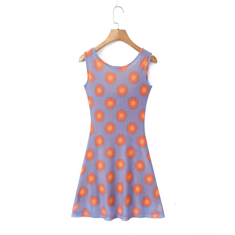LIZAKOSHT  -  Sexy Women Vintage Big Dot High Strech Mesh Tank Dress Sleeveless A-line Mini Ladies Summer Dresses Short Robe