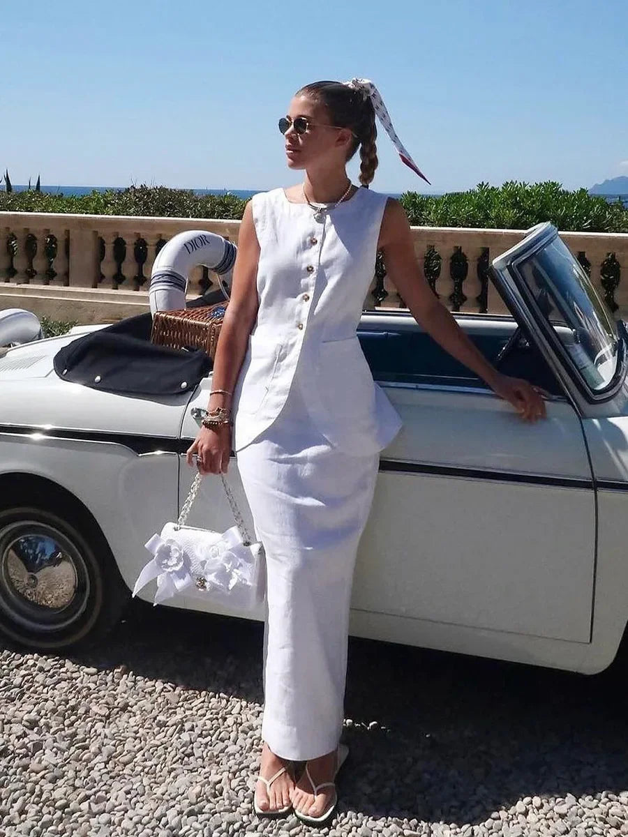 LIZAKOSHT  -  Women's Sleeveless Vest High Waisted Skirt 2-Piece Set Spring Summer New Linen Casual Suit Fashion Office Lady Vest Set