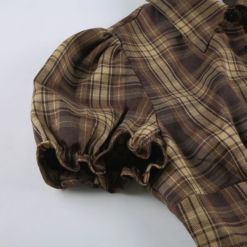LIZAKOSHT  -  Back Shirred Plaid Blouse Brown French Style Turn-down Collar Single-breasted Shirts Vintage Puff Short Sleeve Tops