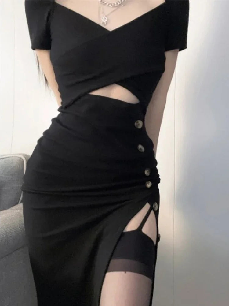 LIZAKOSHT  -  Black Sexy Dresses For Women Vestidos De Mujer Short Sleeve Hollow Out Korean Robe Femme Fashion Split Tunic Summer Dress