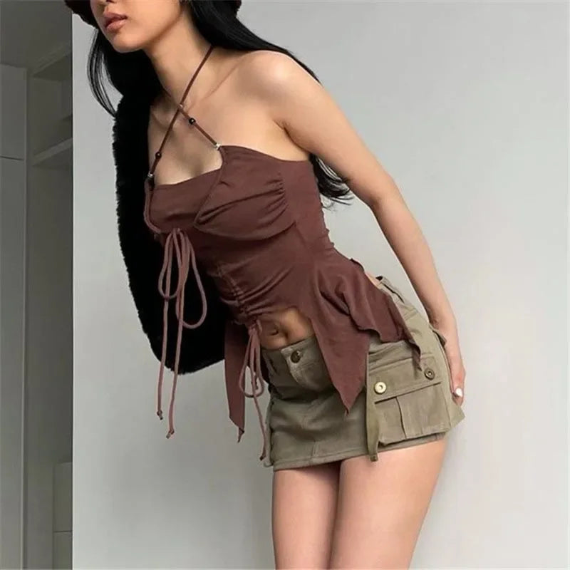 LIZAKOSHT  -  Korean Style Design Sense Hanging Neck Y2k Tank Chest Drawstring Lace Vest Women's Autumn and Winter Irregular Bottoming Tops