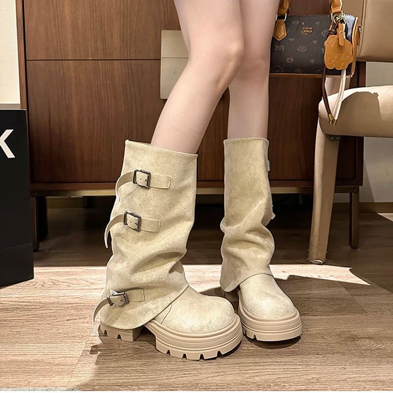 LIZAKOSHT  -  Winter Fashion Platform Thick Heel Woman Knight Boots Fashion Belt Buckle Slip On Mid Calf Booties