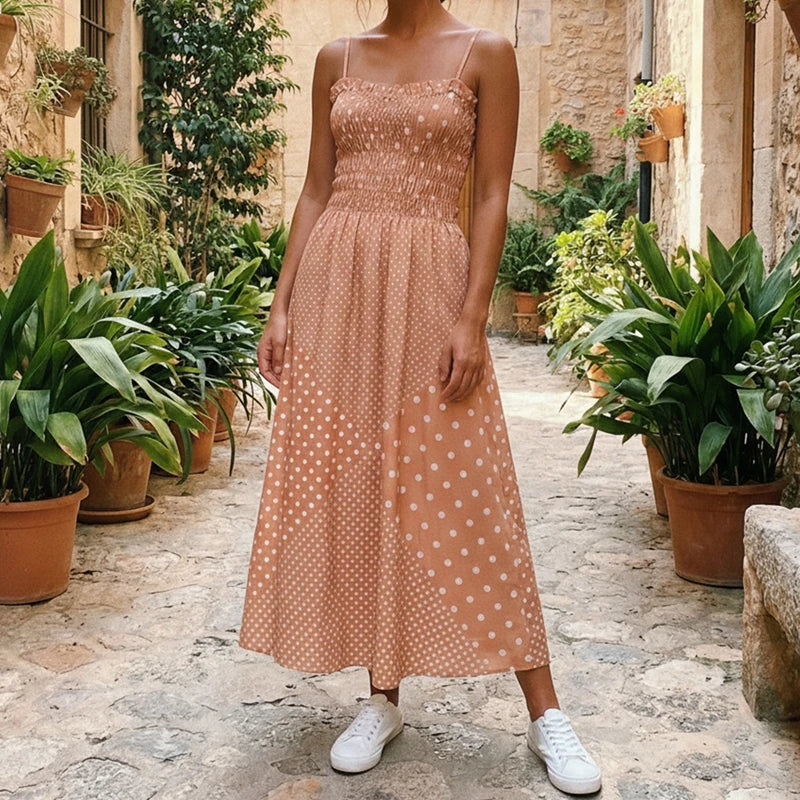 LIZAKOSHT  -  Women Polka Dot Print Dress Shirred Sleeveless Spaghetti Strap Maxi Dress Beach Vacation Party Night Cocktail Dress