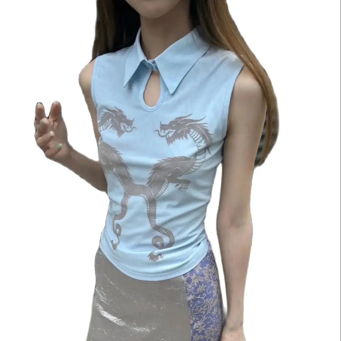 LIZAKOSHT  -  Tank Tops Polo Collar Suspender Hollow New Chinese Mesh Double Dragon Flocking Slim Summer New Women'S Top Retro