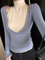 LIZAKOSHT  -  Y2k Aesthetic Two-piece Set Sexy A Deep V-Neck Slim Fit T-shirt + Half High Sleeveless Vest Autumn Vintage Grunge Suit