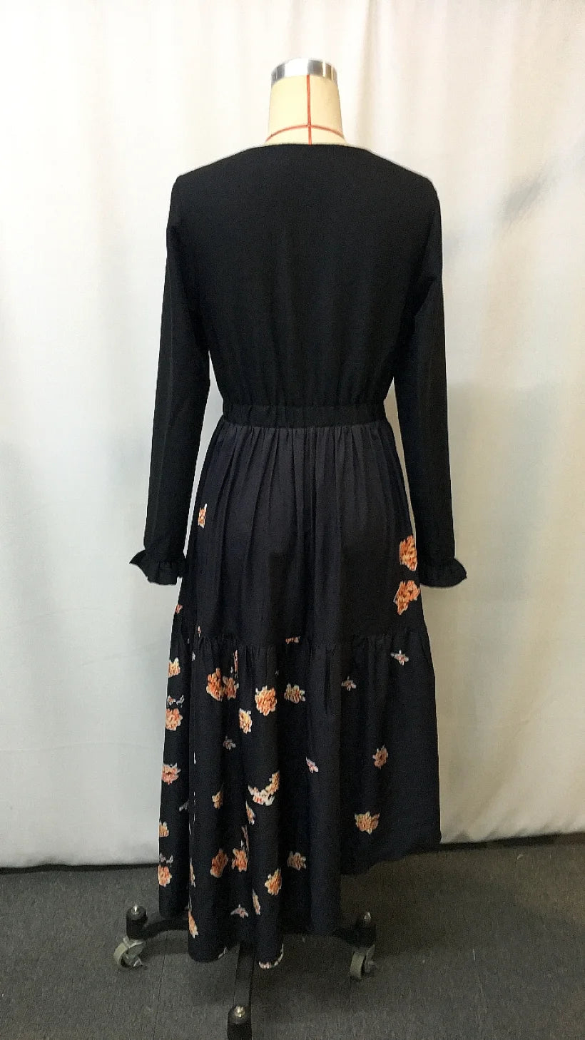 LIZAKOSHT  -  Western Cowgirl Floral Vintage Dress - Ethnic Print Lace-Up Boho Chic Women's Party Dress with Ruffled Hem & Puffed Sleeves