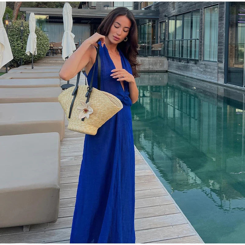 LIZAKOSHT  -  Halter Deep V Maxi Dresses For Women Fashion Sleeveless Neck Backless Long Dress Summer Sexy Elegant High Waist Party Robe