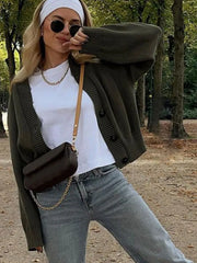 Lizakosht Olive Green Retro Women Knit Cardigan Long Sleeve Single Breasted Loose Female Sweater Autumn Chic Casual Knitwear