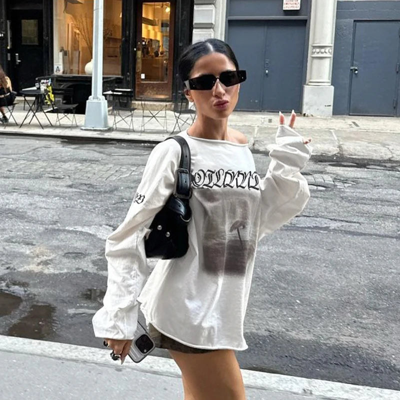 LIZAKOSHT  -  Vintage Letter Print Casual Tops Streetwear Off Shoulder Full Sleeve T-shirts All-match American Style Long Tees Autumn