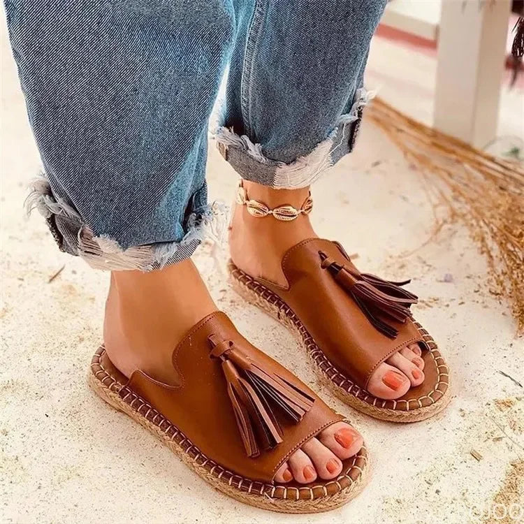 LIZAKOSHT  -  Women's Flat Sandals Resorts Handmade Tassels Wholesale Summer Shoes for Women Retro Design Female Slides Mules Size 41-43
