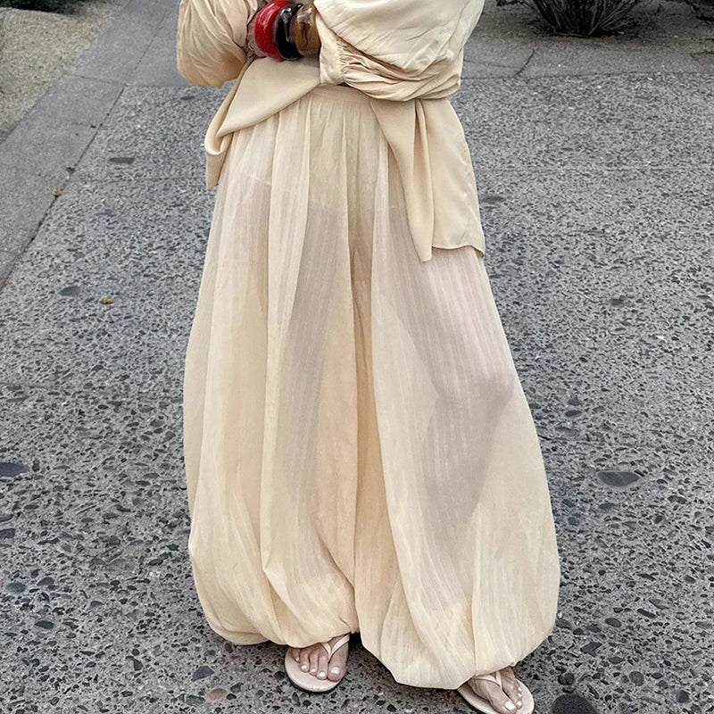 LIZAKOSHT  -  Elegant Ladies Simple Solid Color Trousers Summer New Puff Loose Women's Commute Pants Casual High Waist Pleated Wide Leg Pants