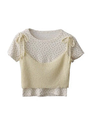 LIZAKOSHT  -  Women's Korean Sweet Style Small Floral O-neck Short -sleeved T-shirts+ Summer Bow Lace-up Suspenders Stacked Tops Two-piece Set
