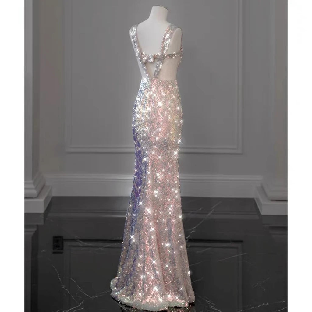 LIZAKOSHT  -  Shiny Pink Mermaid Evening Dresses Bowknot Sequined Beading Detachable Tailing Halter Collar Customize Luxury Prom Gowns 2024