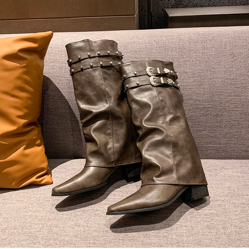 LIZAKOSHT  -  Designer Rivet Woman Knight Boots Shoes Ladies Elegant Thick Heel Trouser Legs Long Botas Autumn Winter Women's Booties