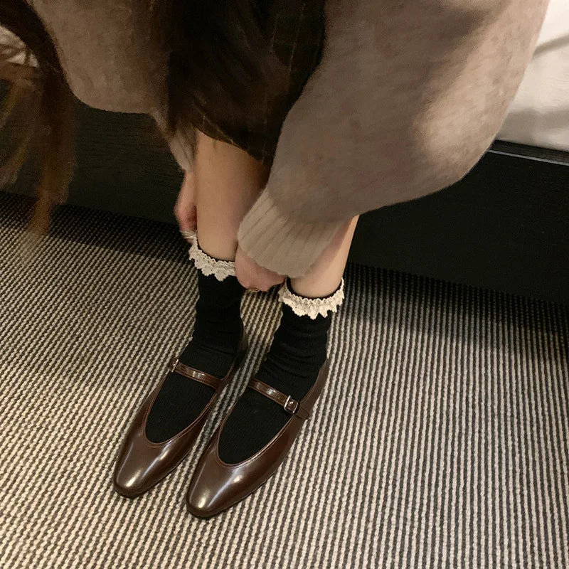 LIZAKOSHT  -  Shallow Mouth Mary Jane Shoes Women's Flat Shoes Ladies French Retro Single Shoes Buckle Leather Loafers Women