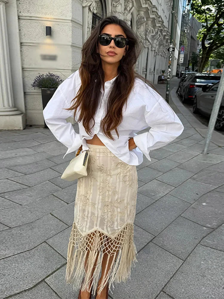 LIZAKOSHT  -  Embroidery Skirt Woman Boho Floral Tassel Midi Skirts Hollow Fishnet Mesh Asymmetric Hem High Waist Summer Wear Woman Clothes
