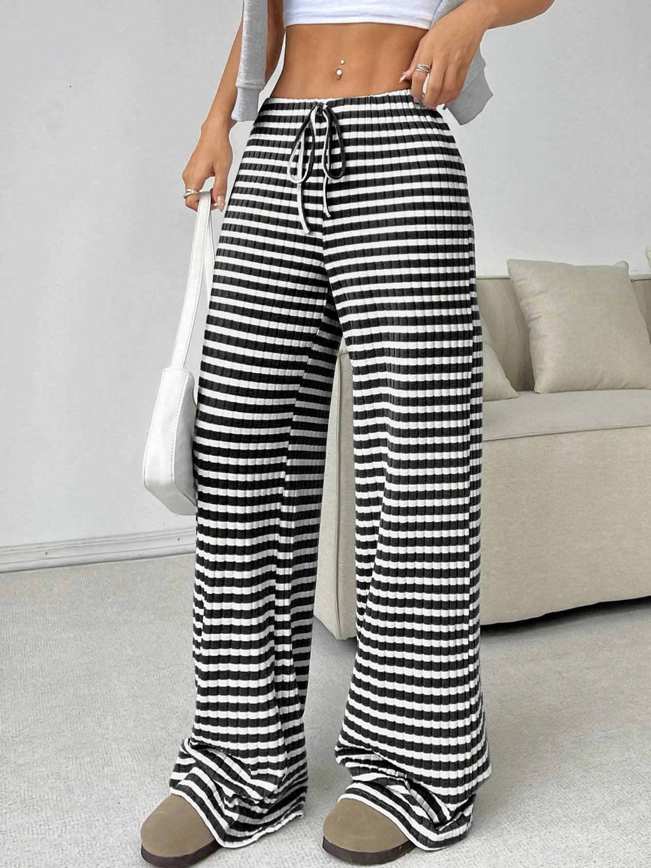 LIZAKOSHT  -  Women's New Casual Striped Solid Color Elastic Rope Cotton Straight Leg Pants