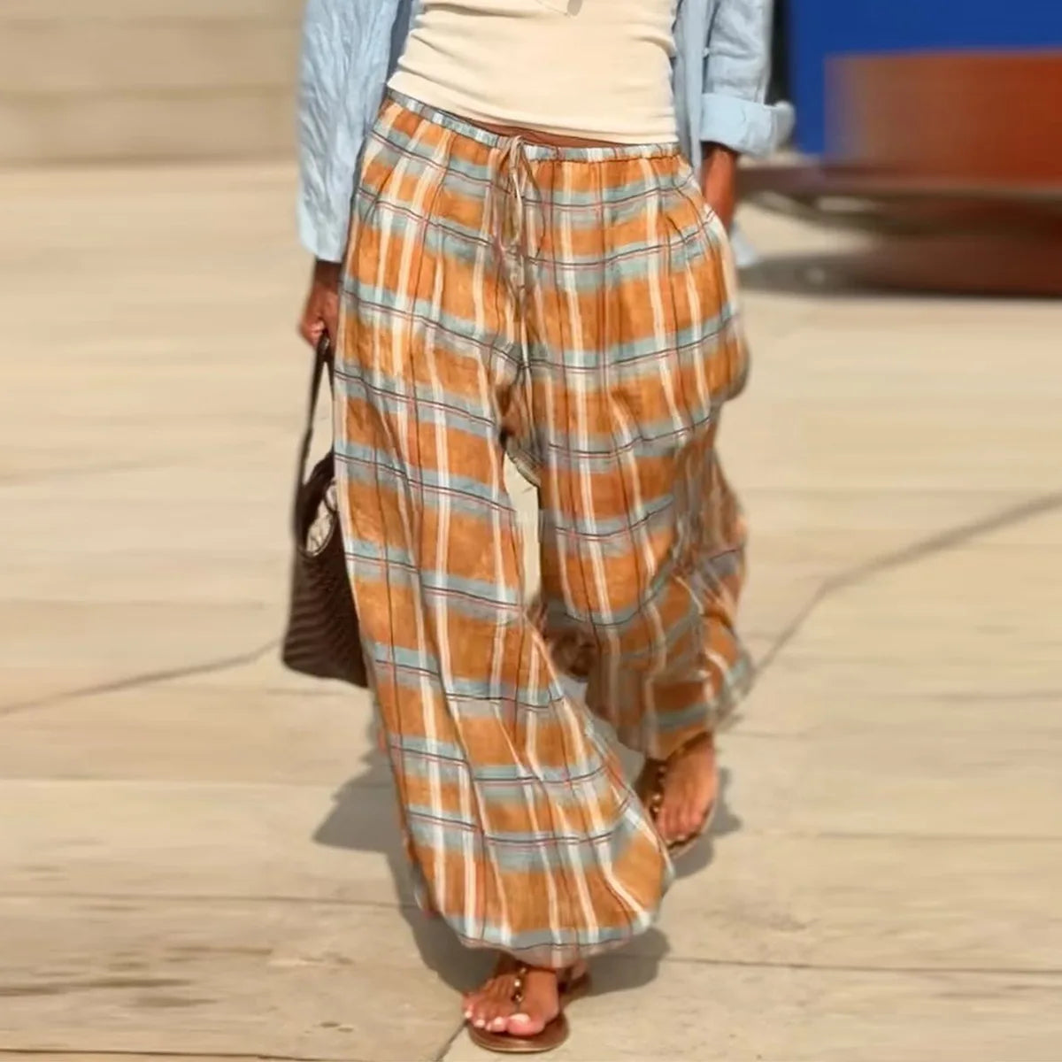 LIZAKOSHT  -  Y2K Vintage Plaid Printed Loose Pants Women Boho Ramie Bloomers Female Fashion Versatile Drawstring Streetwear Casual Trousers