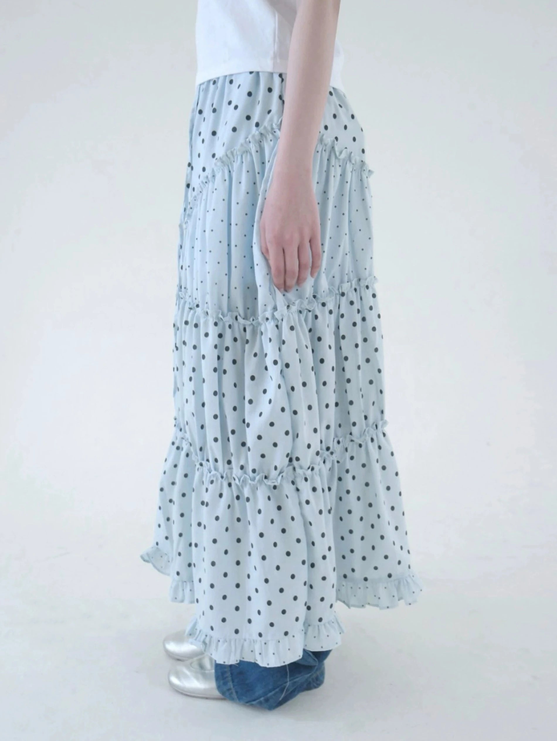 LIZAKOSHT  -  Mint Green Polka Dot Half Skirt with Lace Splicing Retro  Style Korean Waist Design Polyester Fabric H-Shape Long Skirt