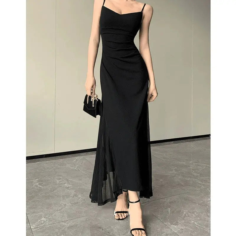 LIZAKOSHT  -  Elegant Sexy Casim Dress Women V Neck Skinny Backless Black Dress Mesh Sheer Summer Party Night Vestidos Classic Simple Dress