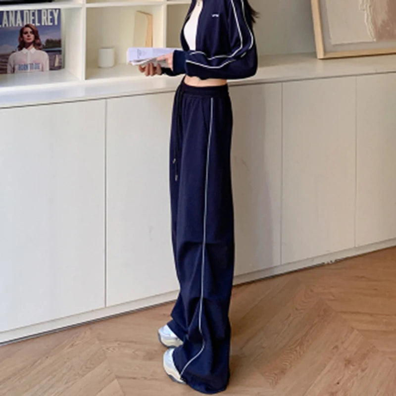 LIZAKOSHT  -  American Sweatpants Women  Fall Chic Fashion Casual Wide-Leg Pants Straight Parachute Loose Side Striped Soild Cargo Trousers
