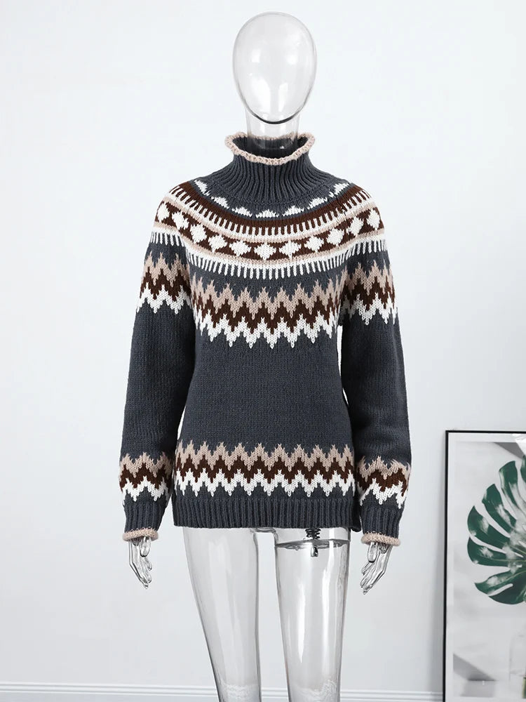 LIZAKOSHT  -  Printed Knitted Pullover Sweater Women Turtleneck Long Sleeves Loose Sweaters All-match Early Spring New Ladies Knitwear