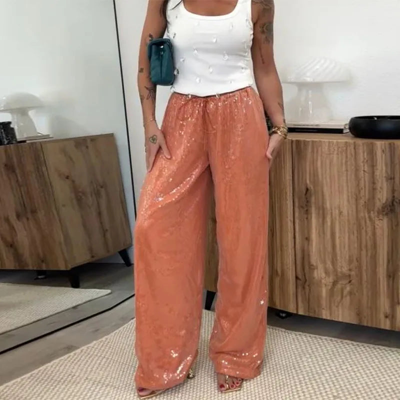 LIZAKOSHT  -  Chic Sequined Long Pants For Women High Waist  Lace Up Ankle-length Loose Trousers 2025 Spring Summer Fashion Female Y2k Pant