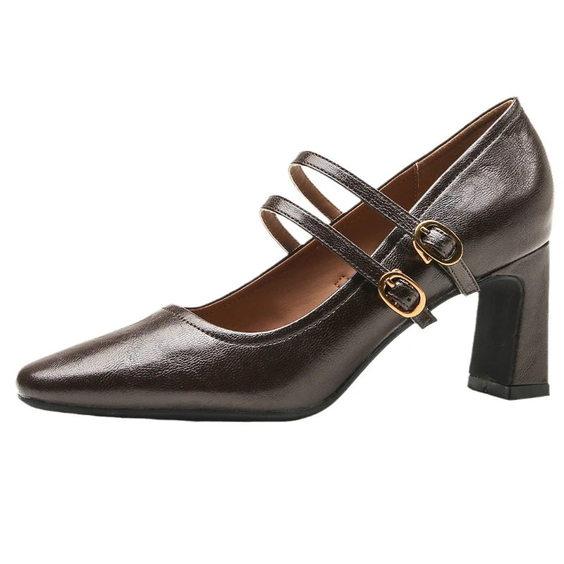 LIZAKOSHT  -  Retro High Heels Mary Jane Shoes Spring Autumn Fashion Women's Shoes  Shallow Buckle Buckle Chunky Elegant Office High Heels