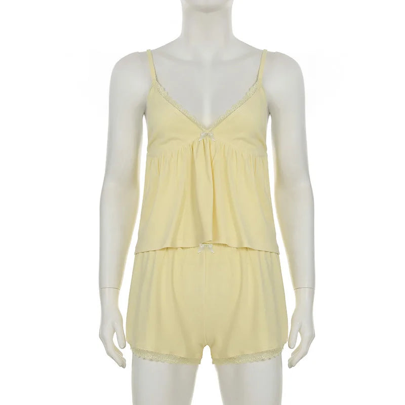 LIZAKOSHT  -  Lace Patchwork Solid Backless Two-piece Set Sleeveless Halter Vacation Sexy Sweet Suit Deep V-neck Summer Twinset