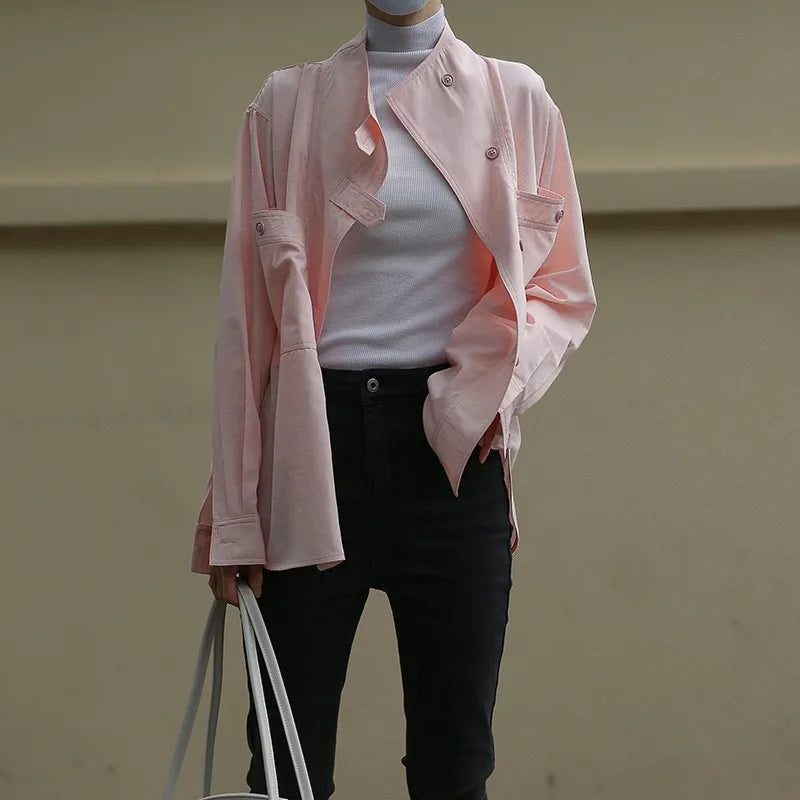 LIZAKOSHT  -  Autumn New Solid Pink Fashion Women Blouse Office Lady Slit Stand Collar Shirts Loose Casual Simple Female Coat Jacket