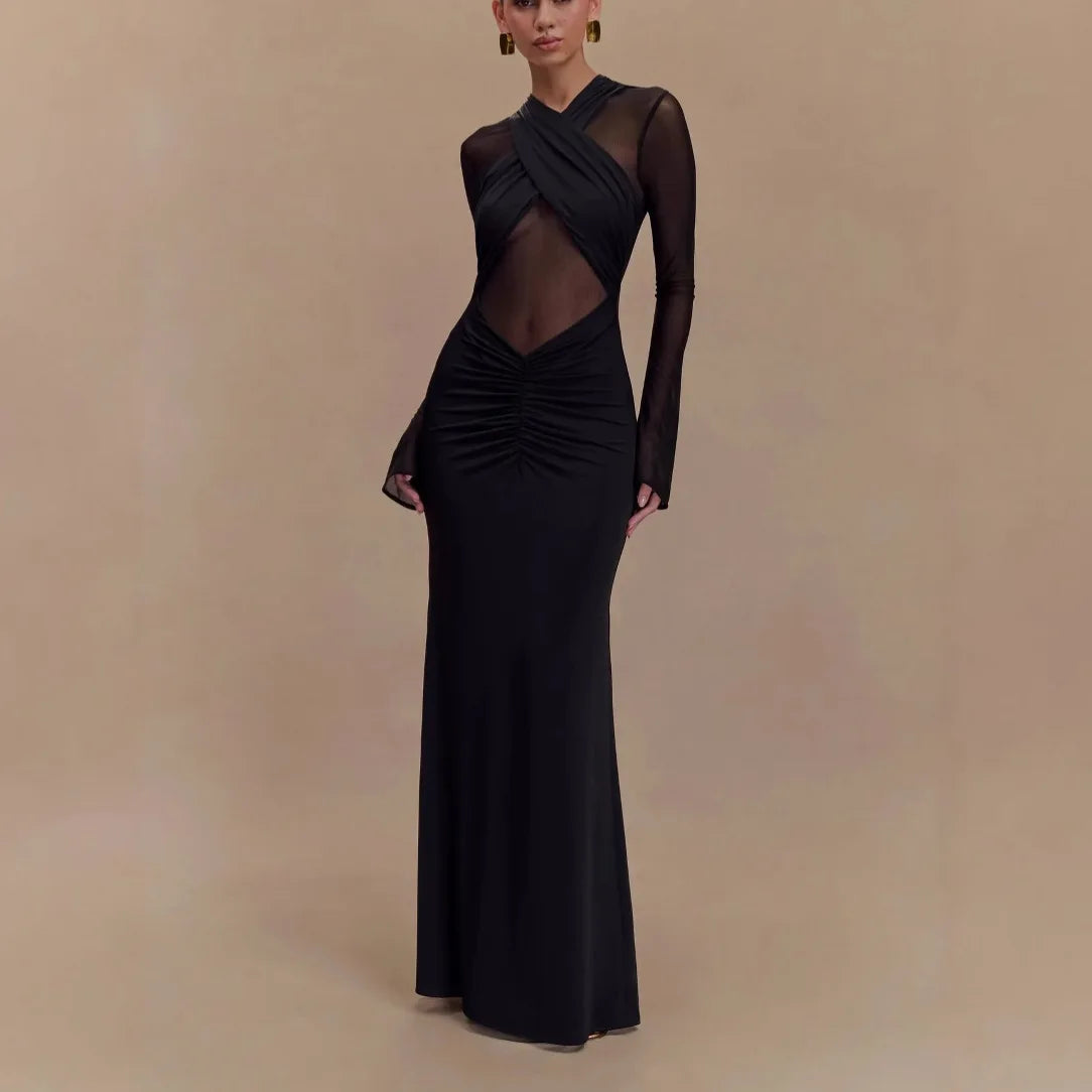 LIZAKOSHT  -  New Women Long Sleeve See Through Sexy Solid Color Elegant Pleated Dress