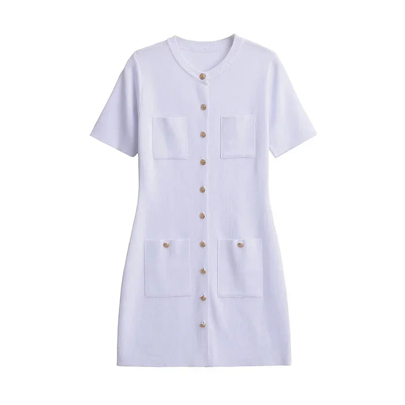 LIZAKOSHT  -  Gold Button Pocket Knitted Short Dresses Solid Color Round Neck French Simple Slimming Fashion Single Breasted Straight Dress