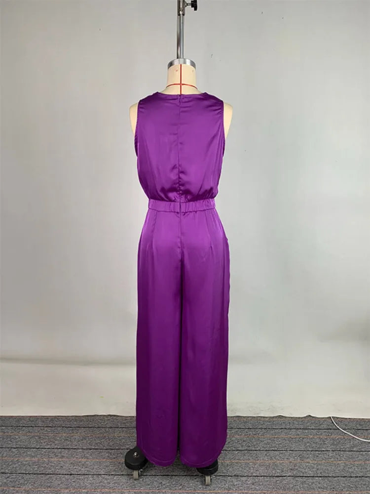LIZAKOSHT  -  Deep V-Neck Jumpsuits Sexy Elegant Sleeveless Jumpsuit for Women New Loose High Waist Wide Leg Purple One-piece Pants