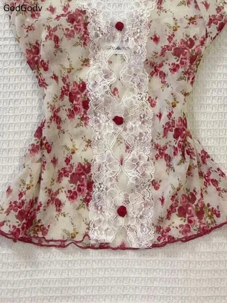 LIZAKOSHT  -  Summer Woman Floral Halter Lace Blouse 2025 Vintage Sexy Slim Fit Fairy Korean Fashion Female Tops Outfits Elegant Style