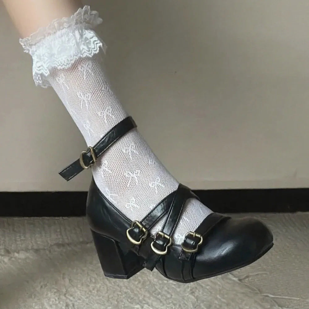 LIZAKOSHT  -  Gothic Retro Black Bucke Straps Pumps Vintage Brown Mary Janes Shoes Women Cute Burgundy Lolita 6cm Block High Heels Pumps