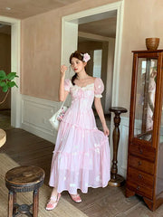LIZAKOSHT  -  Dress With Lace Embroidery Flowers Pink Gentle And Sweet French Romantic Super Fairy Puff Sleeve Long Dress Large Size Summer