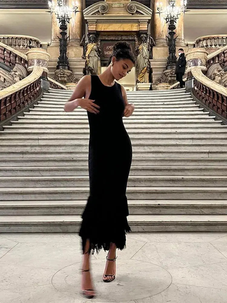 LIZAKOSHT  -  Elegant Tassels Hem Patchwork Women Knit Dress Chic O-neck Sleeveless Bodycon Midi Dresses 2024 Summer Lady Beach Vacation Robes