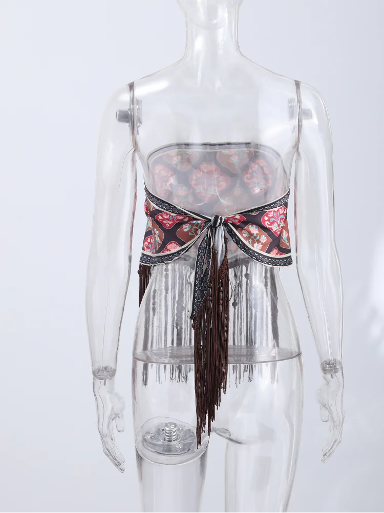 LIZAKOSHT  -  Women Floral Print Strapless Tube Top Long Tassel Asymmetric Triangle Hanky Hem Boho Western Cowgirl Festival Crop Bustier