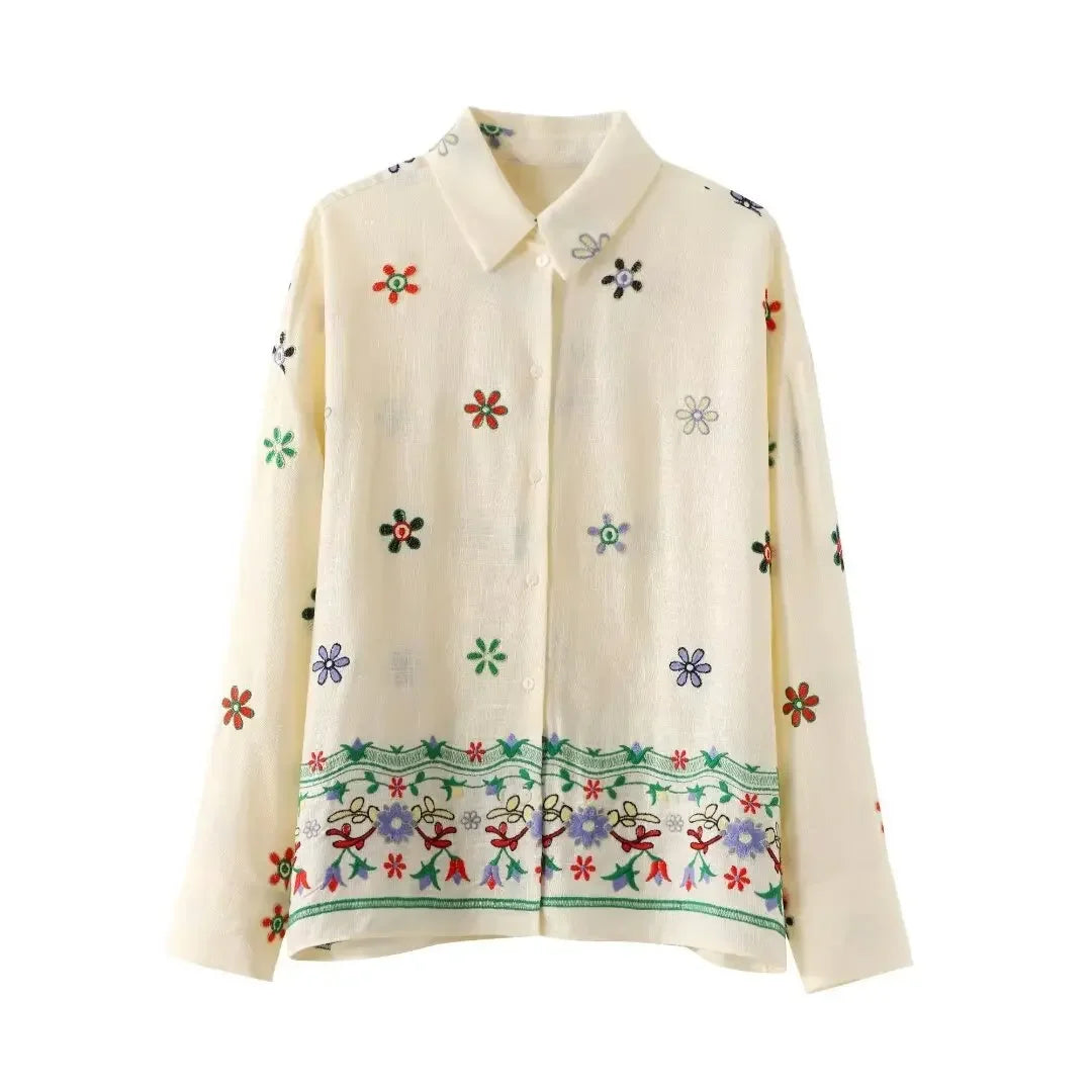 LIZAKOSHT  -  Holiday Embroidery Floral Shirts Women Blouses Suit Tops Two Piece Sets with Button Summer Vintage Elegant Woman Pant Suit