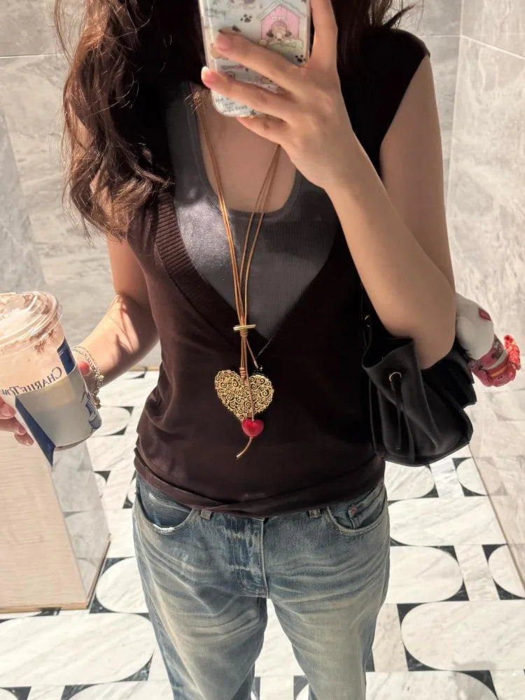 LIZAKOSHT  -  Tank Tops Women Patchwork Bandage Fake Two Piece Halter Slim Stretch Y2k Top Summer Fashion Sexy Camis Ladies Club